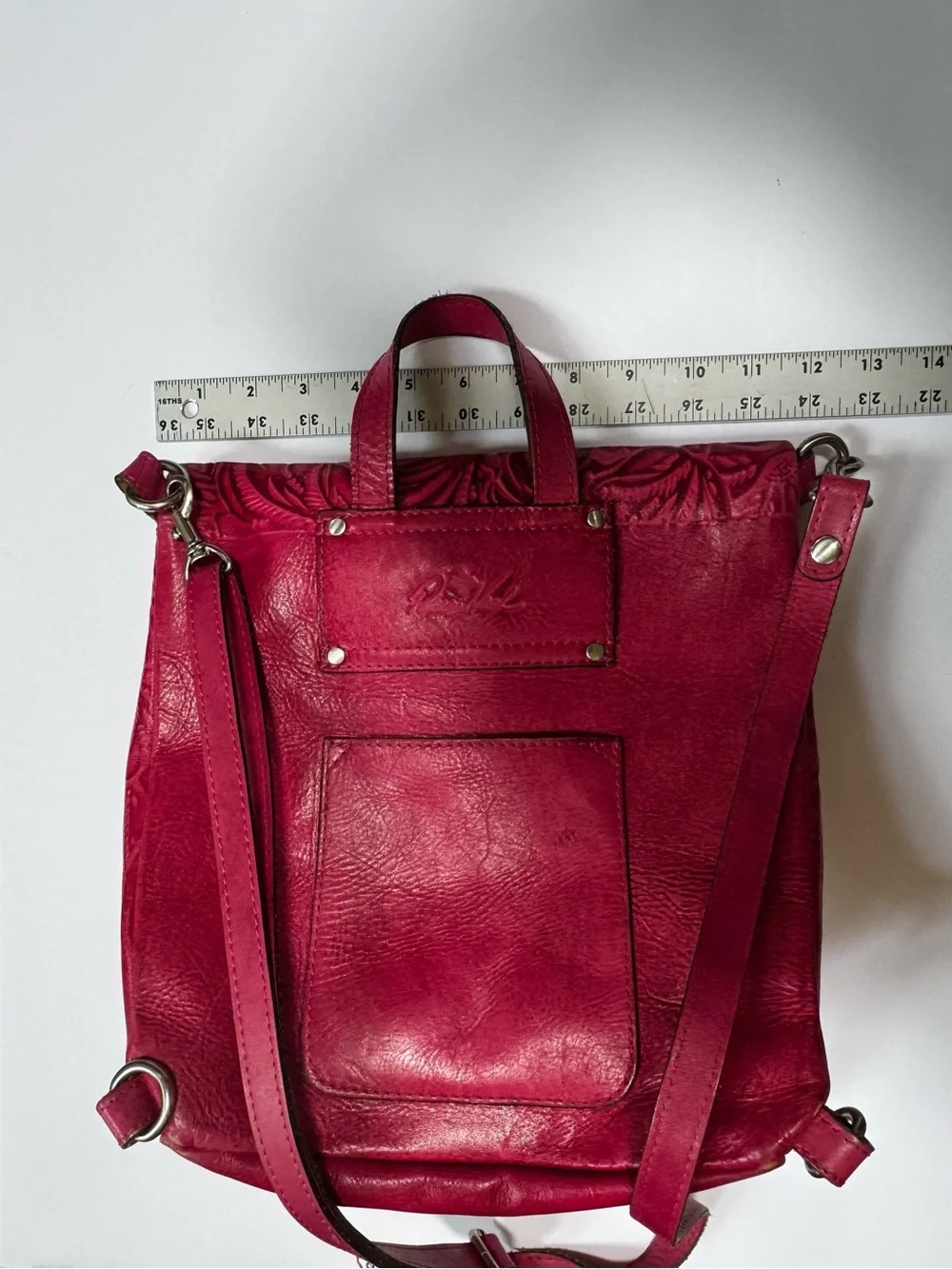Patricia Nash Pink Black Luzille Tooled Emboss Leather Bag Convertible Backpack